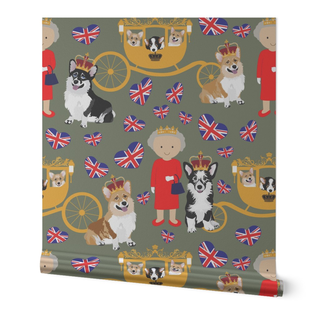 4.5"  queen  with the royal corgis - corgi pattern - queen pattern olive
