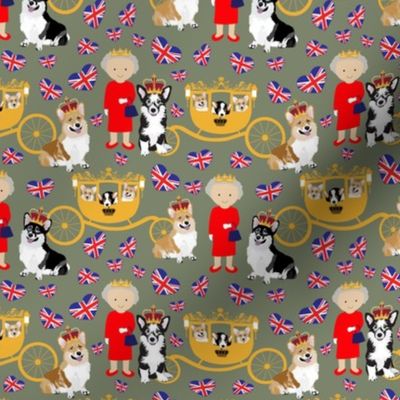 4.5"  queen  with the royal corgis - corgi pattern - queen pattern olive