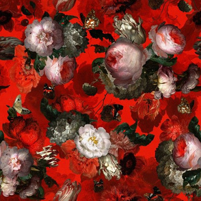 14" Jan Davidsz. de Heem Vintage Flemish antiqued Flowers, Antique Flowers Pattern red