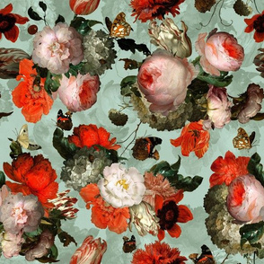 14" Jan Davidsz. de Heem Vintage Flemish antiqued Flowers, Antique Flowers Pattern sepia turquoise