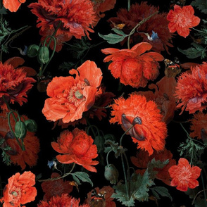 14" Vintage Flemish Dark Night Poppies by Jan Davidsz. de Heem on black 