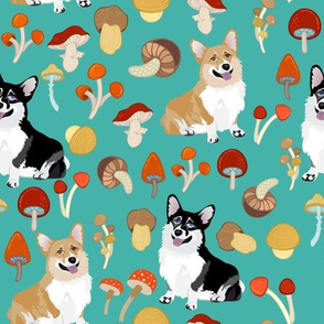 9" corgi in forest searching for mushrooms, dog fabric dog fabric -turquoise 