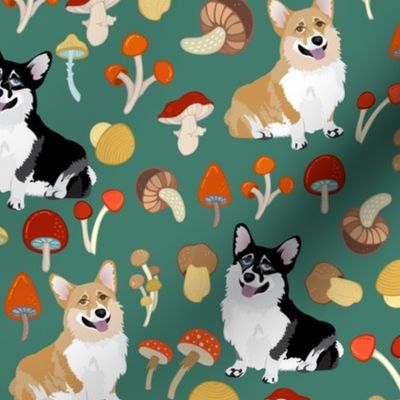 9" corgi in forest searching for mushrooms, dog fabric dog fabric -teal