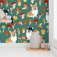 9" corgi in forest searching for mushrooms, dog fabric dog fabric -teal