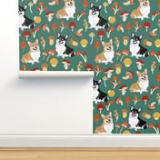 9" corgi in forest searching for mushrooms, dog fabric dog fabric -teal