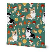 9" corgi in forest searching for mushrooms, dog fabric dog fabric -teal