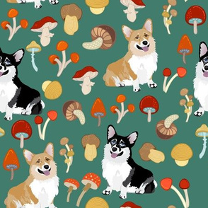9" corgi in forest searching for mushrooms, dog fabric dog fabric -teal