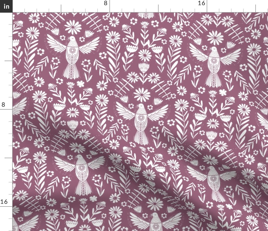 folk bird fabric - bird fabric, bird wallpaper, linocut design by andrea lauren - deep mauve