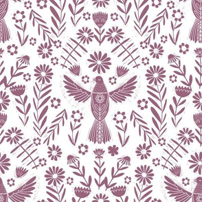 folk bird fabric - bird fabric, bird wallpaper, linocut design by andrea lauren - deep mauve