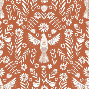 folk bird fabric - bird fabric, bird wallpaper, linocut design by andrea lauren - rust