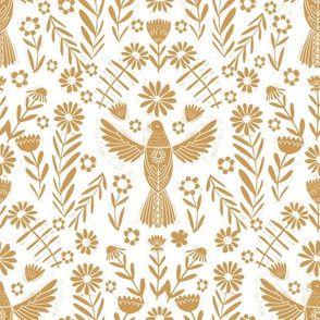 folk bird fabric - bird fabric, bird wallpaper, linocut design by andrea lauren - yellow