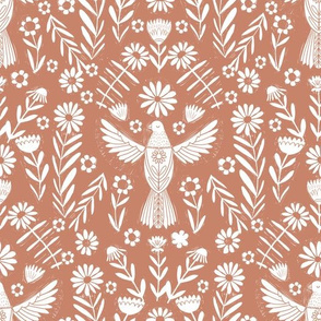 folk bird fabric - bird fabric, bird wallpaper, linocut design by andrea lauren - mocha