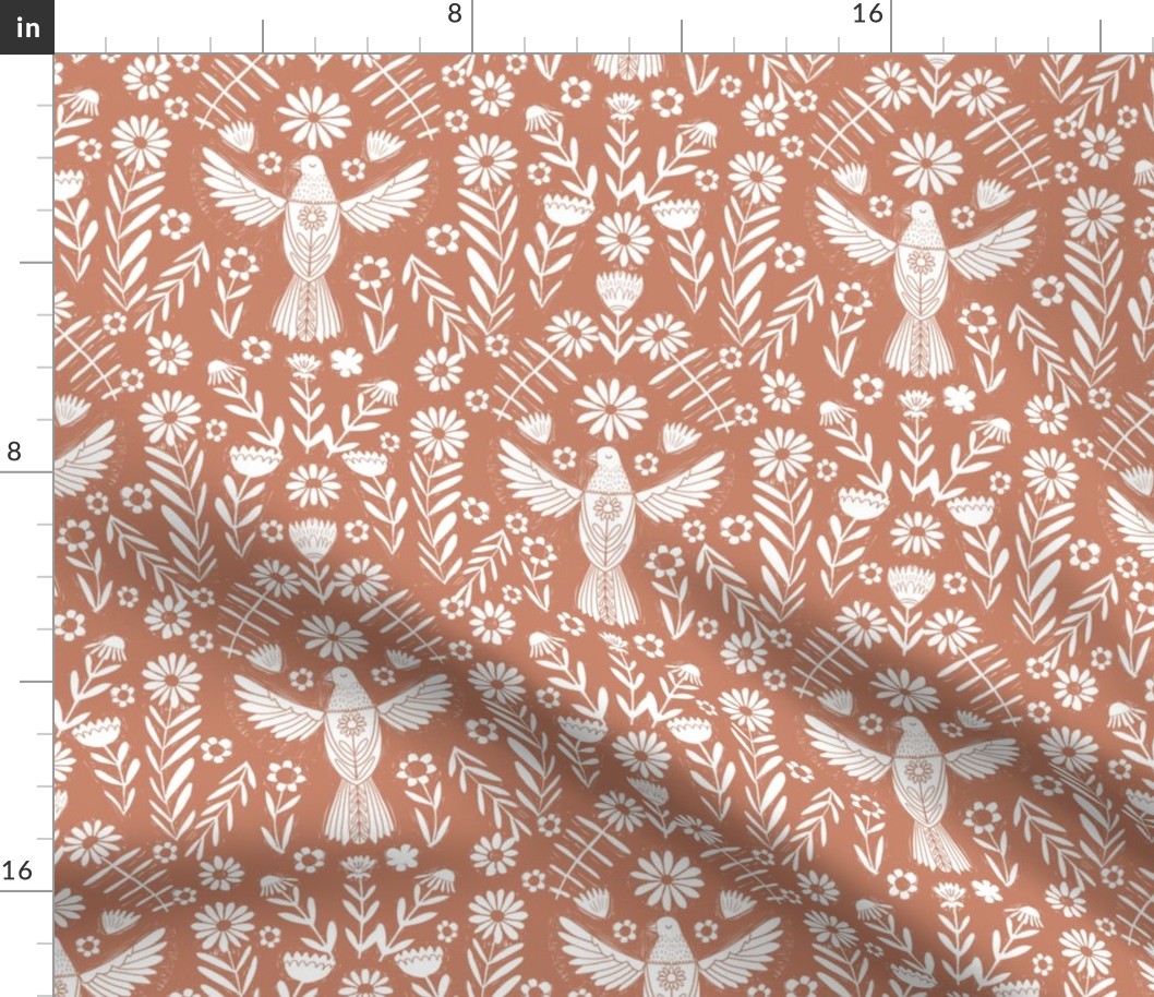 folk bird fabric - bird fabric, bird wallpaper, linocut design by andrea lauren - mocha