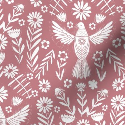 folk bird fabric - bird fabric, bird wallpaper, linocut design by andrea lauren - mauve