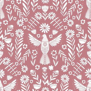 folk bird fabric - bird fabric, bird wallpaper, linocut design by andrea lauren - mauve