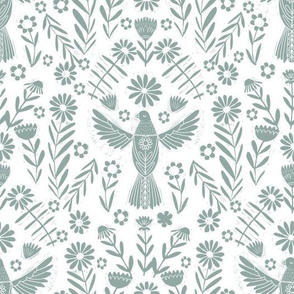 folk bird fabric - bird fabric, bird wallpaper, linocut design by andrea lauren - mint