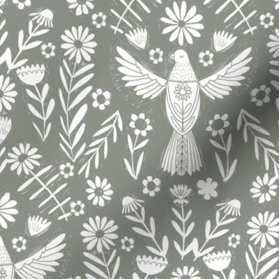 folk bird fabric - bird fabric, bird wallpaper, linocut design by andrea lauren - olive
