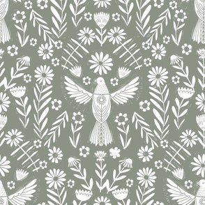 folk bird fabric - bird fabric, bird wallpaper, linocut design by andrea lauren - olive
