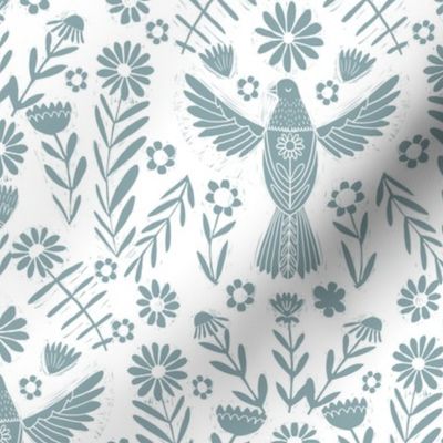 folk bird fabric - bird fabric, bird wallpaper, linocut design by andrea lauren - sage