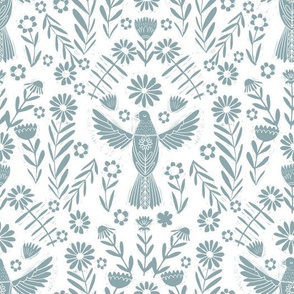 folk bird fabric - bird fabric, bird wallpaper, linocut design by andrea lauren - sage