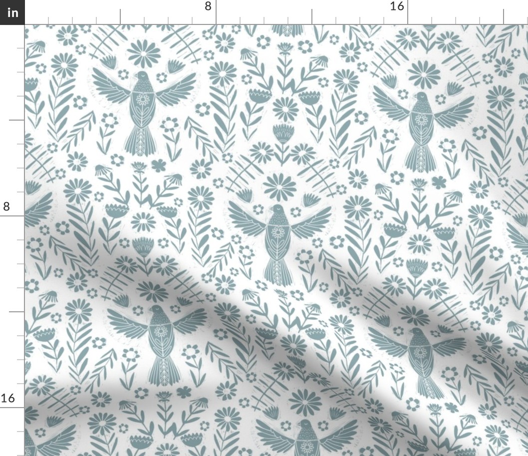 folk bird fabric - bird fabric, bird wallpaper, linocut design by andrea lauren - sage