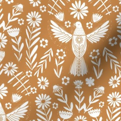 folk bird fabric - bird fabric, bird wallpaper, linocut design by andrea lauren - mustard