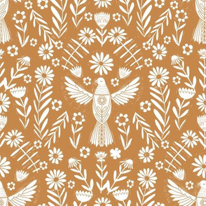 folk bird fabric - bird fabric, bird wallpaper, linocut design by andrea lauren - mustard
