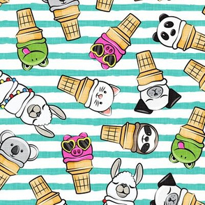 animal ice cream cones - summer ice creams - teal stripes - LAD20