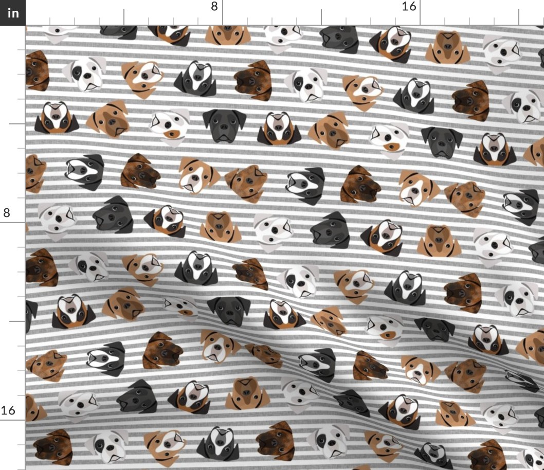 boxer dogs fabric - tossed dogs - grey stripe