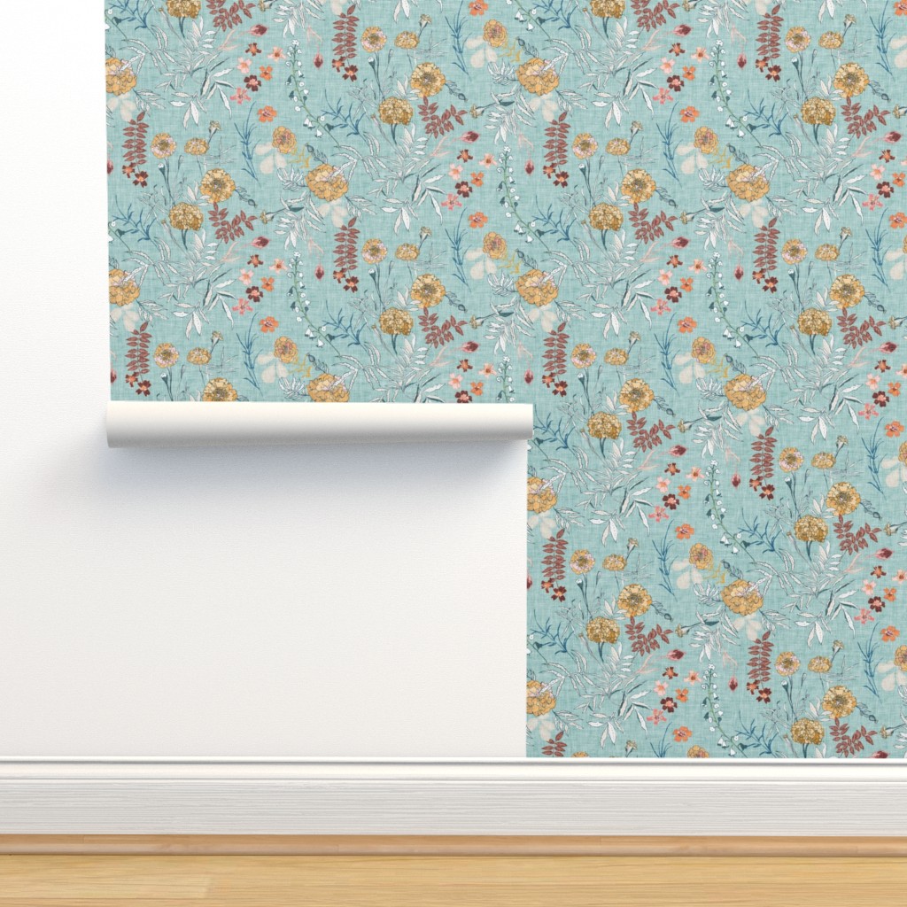 Marigold Love (duck egg blue) MED Wallpaper | Spoonflower