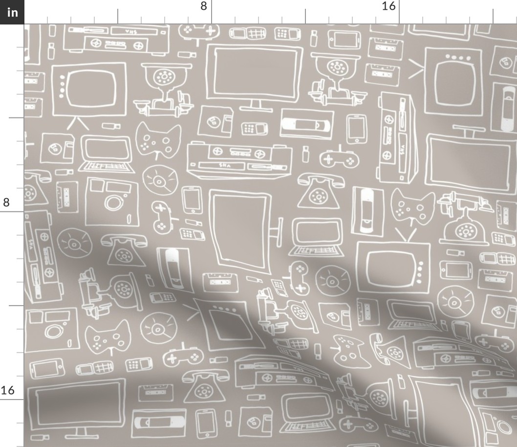 Retro Electronics Surface Pattern: Hand-Drawn 80s & 90s Gadgets in Gray