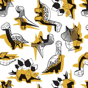 Normal scale // Geometric Dinos // non directional design white background yellow mustard dinosaurs shadows