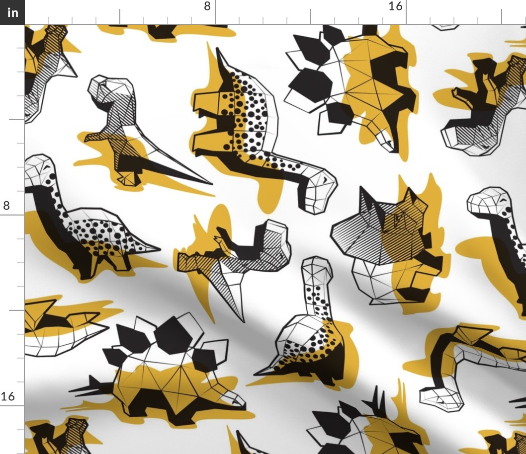 Normal scale // Geometric Dinos // non directional design white background yellow mustard dinosaurs shadows