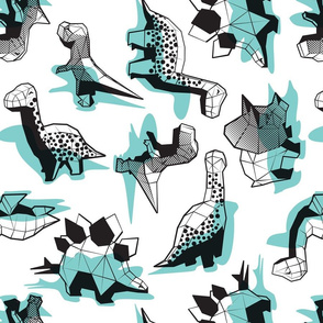 Normal scale // Geometric Dinos // non directional design white background mint dinosaurs shadows