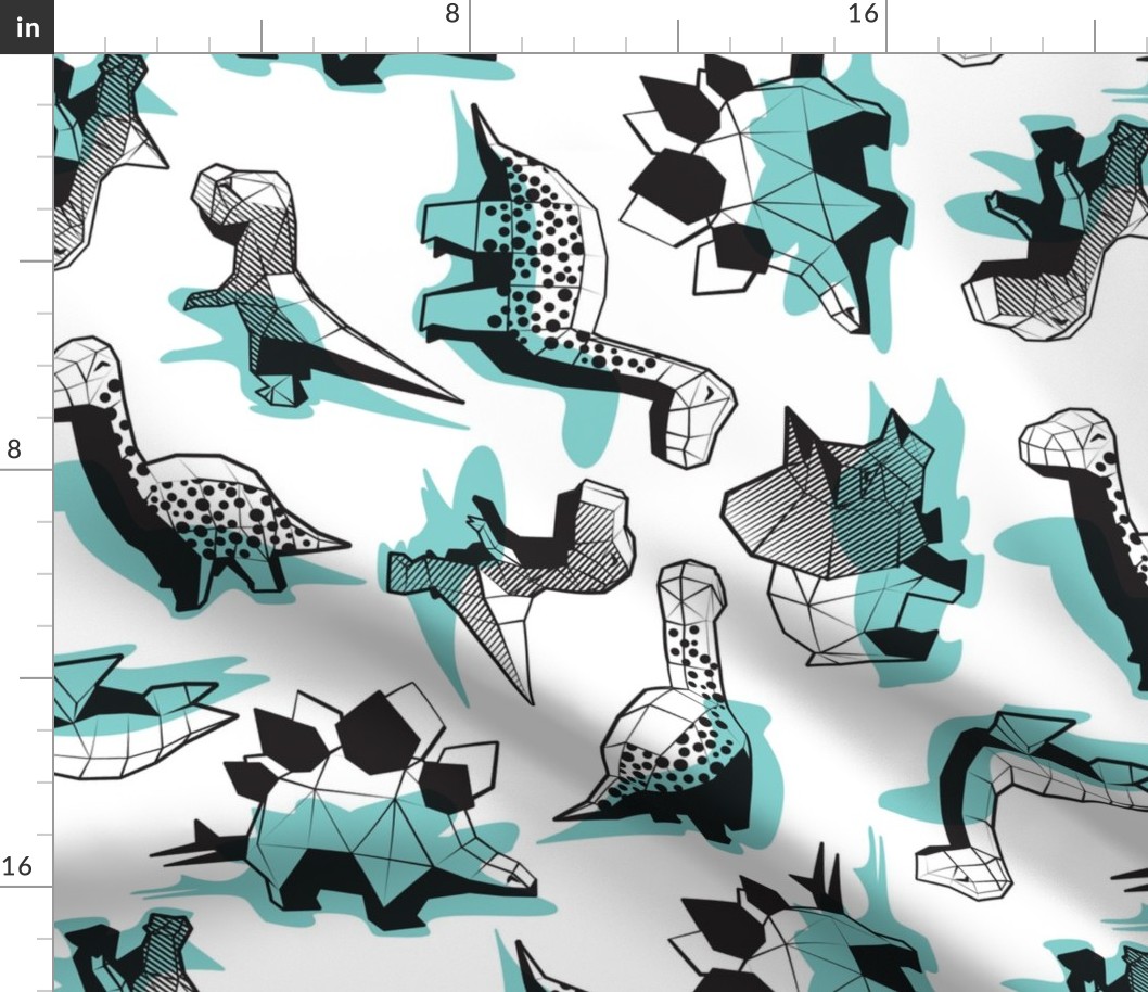 Normal scale // Geometric Dinos // non directional design white background mint dinosaurs shadows