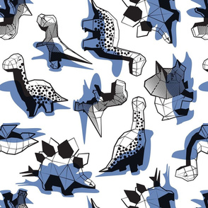 Normal scale // Geometric Dinos // non directional design white background blue dinosaurs shadows
