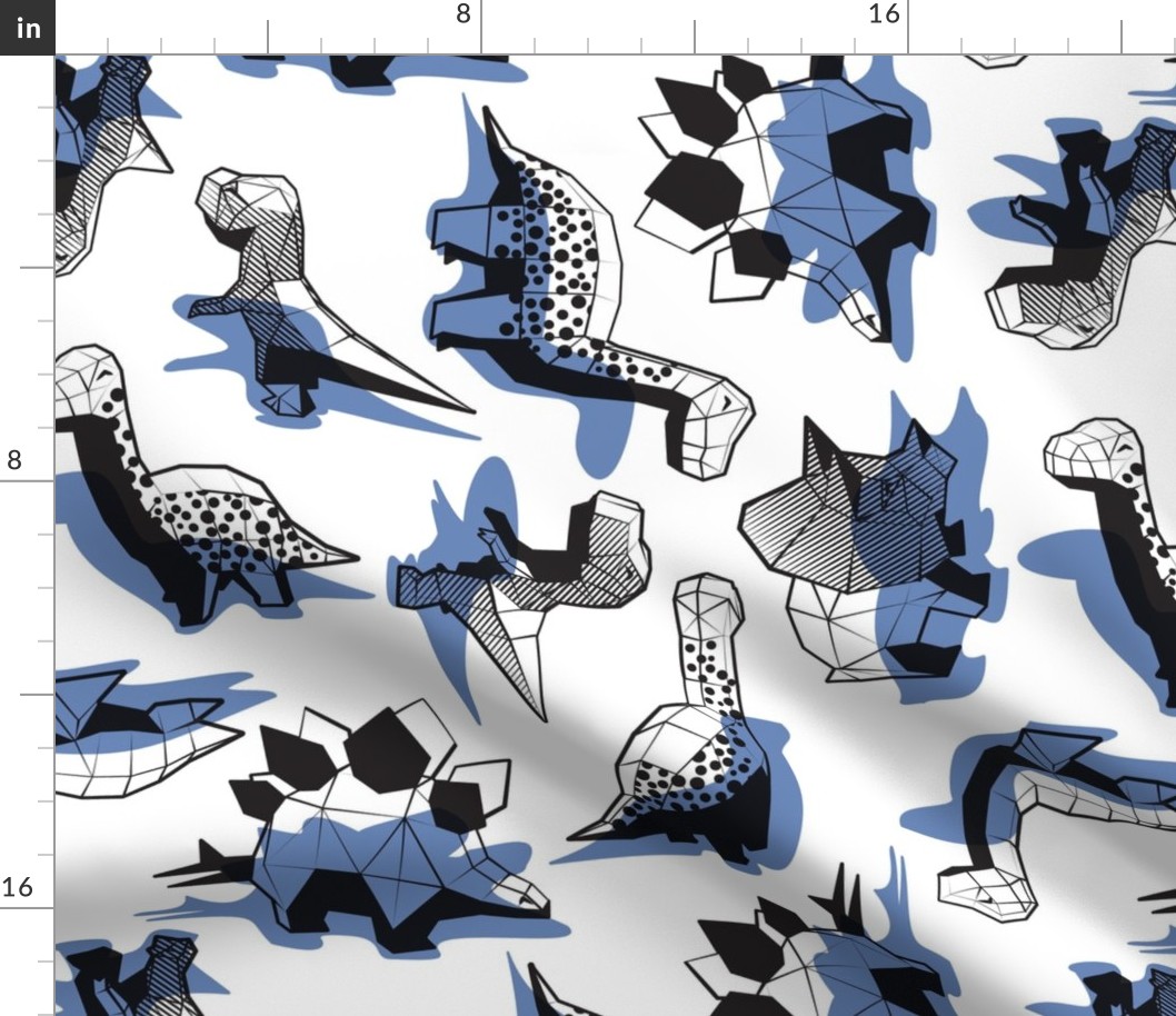 Normal scale // Geometric Dinos // non directional design white background blue dinosaurs shadows