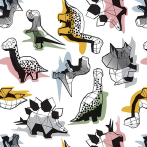 Normal scale // Geometric Dinos // non directional design white background mustard yellow sage green pastel blue blush pink and grey dinosaurs shadows