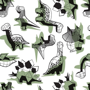 Normal scale // Geometric Dinos // non directional design white background sage green dinosaurs shadows