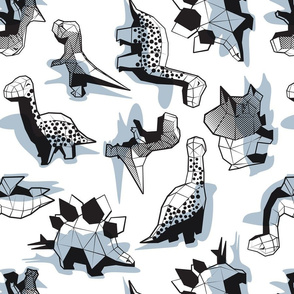 Normal scale // Geometric Dinos // non directional design white background pastel blue dinosaurs shadows