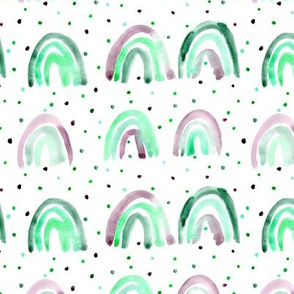 Emerald and amethyst watercolor happy rainbows with dots - painted rainbow design for modern nursery