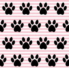 dog paws fabric - paw print fabric - pink stripes