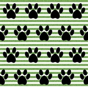 dog paws fabric - paw print fabric - green stripes