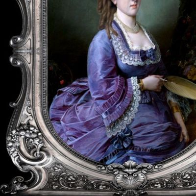 1 purple gowns bustle baroque victorian flowers floral beauty lace ballgowns portraits beautiful lady fans silver gilt filigree swirls ringlet princess blue curly light brown barrel curls pearl necklace blue bows paintings woman leaves leaf acanthus fruit