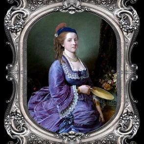 1 purple gowns bustle baroque victorian flowers floral beauty lace ballgowns portraits beautiful lady fans silver gilt filigree swirls ringlet princess blue curly light brown barrel curls pearl necklace blue bows paintings woman leaves leaf acanthus fruit