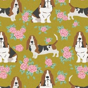 basset hound rose fabric - dog floral fabric, dog fabric, cute dog fabric - green