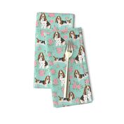 basset hound rose fabric - dog floral fabric, dog fabric, cute dog fabric - mint