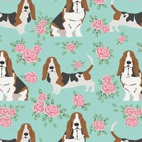 basset hound rose fabric - dog floral fabric, dog fabric, cute dog fabric - mint
