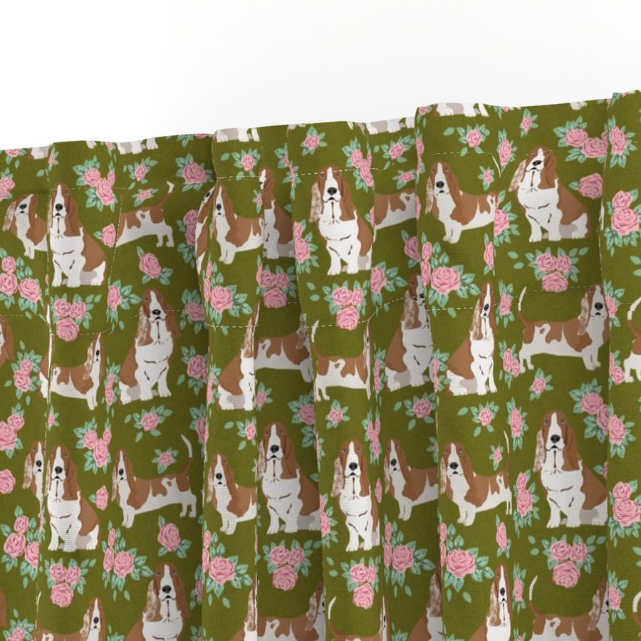 basset hound rose fabric - dog floral fabric, dog fabric, cute dog fabric - olive