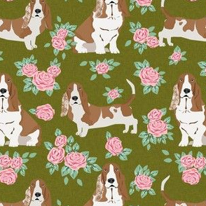 basset hound rose fabric - dog floral fabric, dog fabric, cute dog fabric - olive